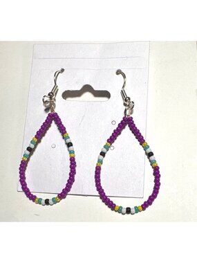 Handmade Bead Teardrop Hoop Dangle Earrings 2" Stainless Steel Seed Beads Purple